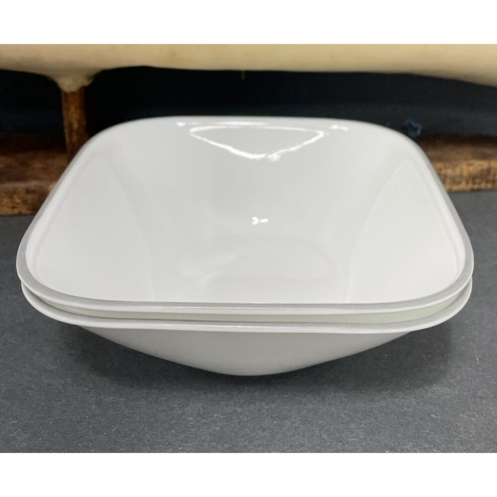 2 Corelle Square Vitrelle Bowls Gray Silver Rim White Cereal Soup Dinner